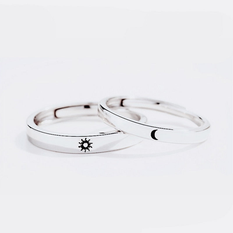 2 Pcs Silver Color Couple Fashion Wedding Bride Bridegroom Jewelry Sun Moon Rings Set - lecapmode