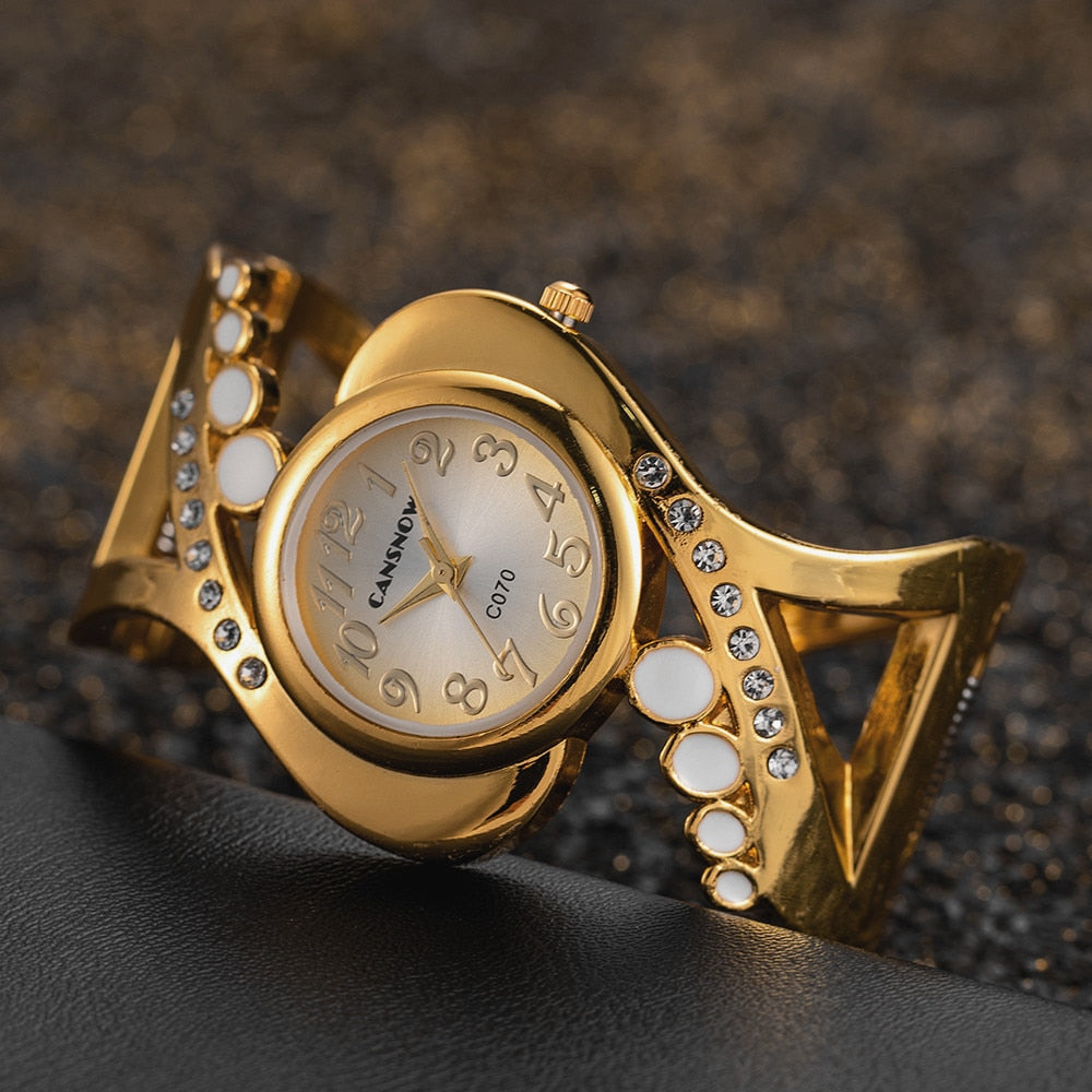 Women's Luxury Bracelet Silver Gold Rhinestone Round Dial Stainless Steel Watch - lecapmode