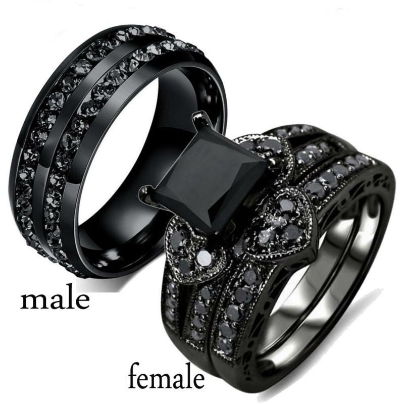 Black Heart Crystal Couple Rings Set Men Women Ring Wedding Jewelry - lecapmode