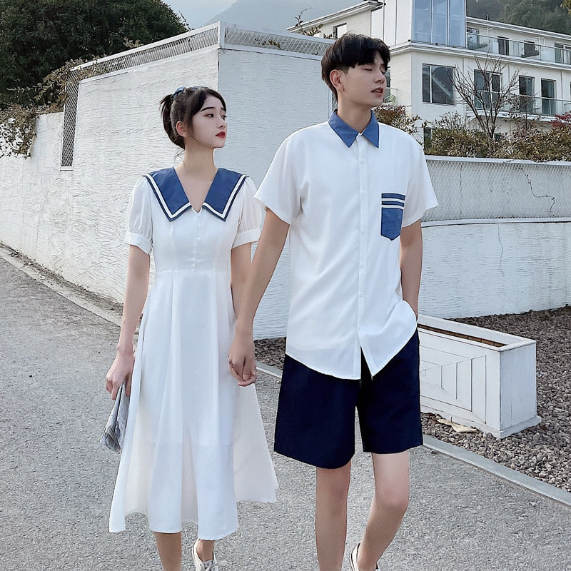 Couple Matching Clothes Pair Lovers Korean Dress White Shirt Women Men Summer Outfit - lecapmode