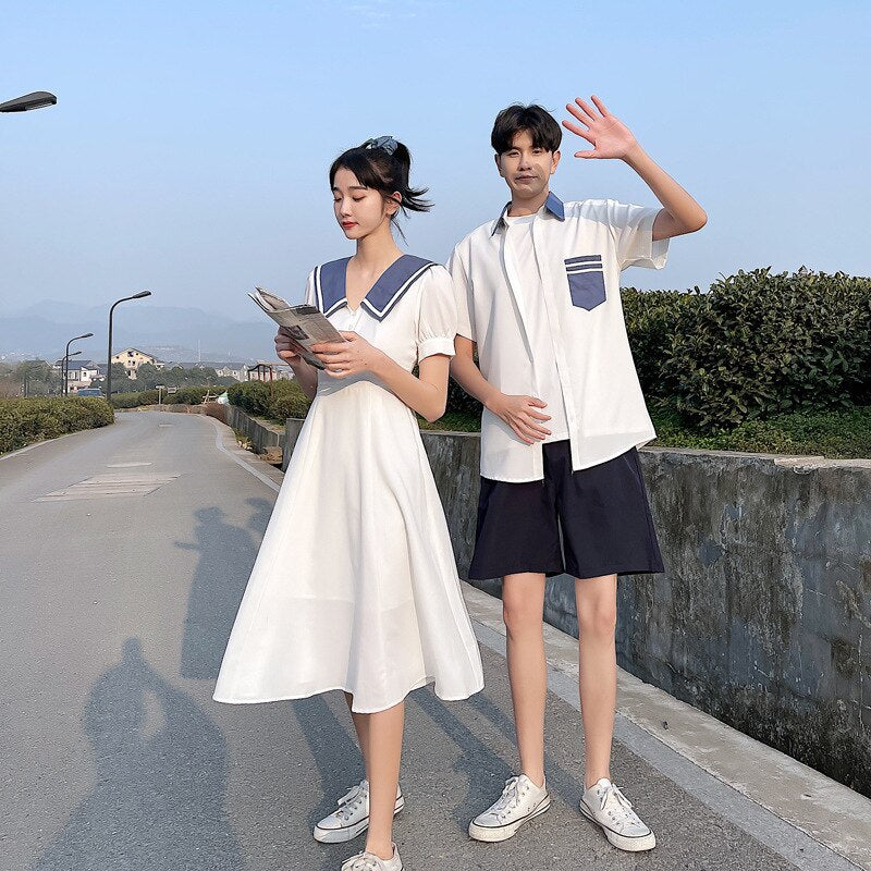 Couple Matching Clothes Pair Lovers Korean Dress White Shirt Women Men Summer Outfit - lecapmode