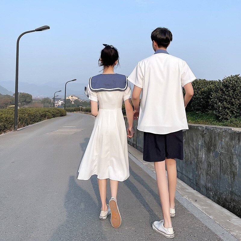 Couple Matching Clothes Pair Lovers Korean Dress White Shirt Women Men Summer Outfit - lecapmode