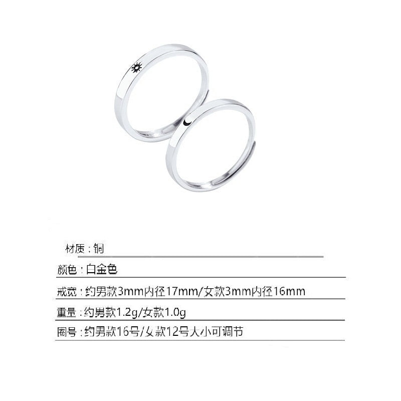 2 Pcs Silver Color Couple Fashion Wedding Bride Bridegroom Jewelry Sun Moon Rings Set - lecapmode