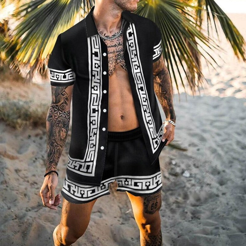 Men Set Short Sleeve Shirt Shorts Summer Printing Casual Fashion Clothing - lecapmode