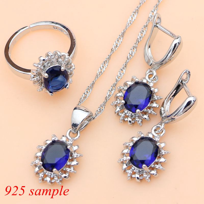 Silver 925 Jewelry Sets for Women Natural Blue Sapphire Stone Fashion Jewelry - lecapmode