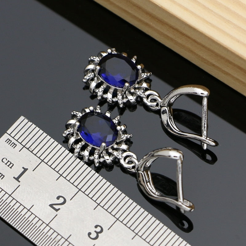 Silver 925 Jewelry Sets for Women Natural Blue Sapphire Stone Fashion Jewelry - lecapmode