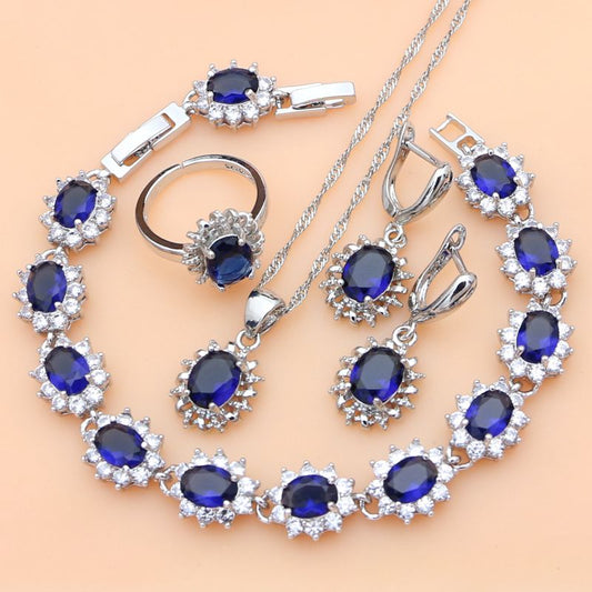 Silver 925 Jewelry Sets for Women Natural Blue Sapphire Stone Fashion Jewelry - lecapmode