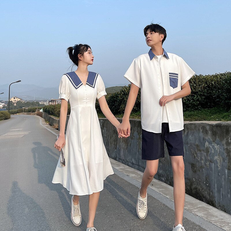 Couple Matching Clothes Pair Lovers Korean Dress White Shirt Women Men Summer Outfit - lecapmode