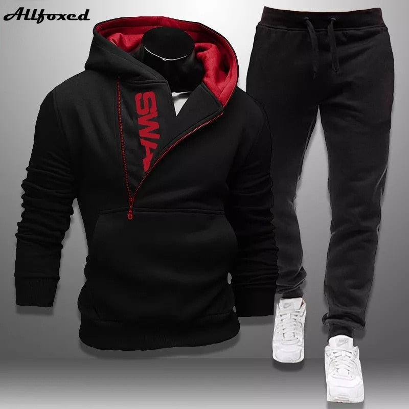 Men Tracksuits 2 Pieces Set Sweatshirt + Sweatpants Sportswear Zipper Hoodies - lecapmode