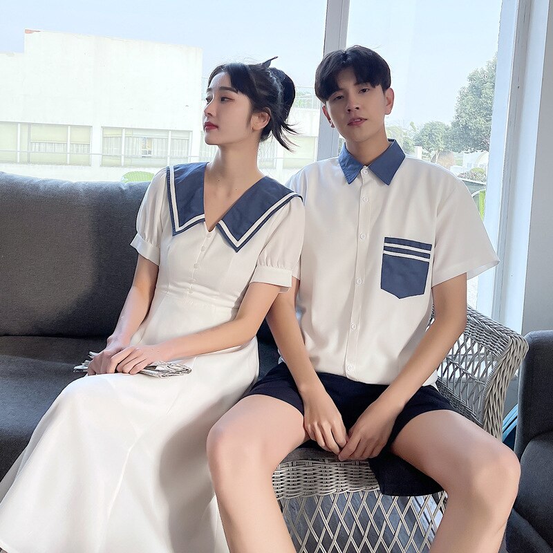 Couple Matching Clothes Pair Lovers Korean Dress White Shirt Women Men Summer Outfit - lecapmode