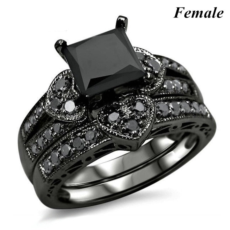 Black Heart Crystal Couple Rings Set Men Women Ring Wedding Jewelry - lecapmode