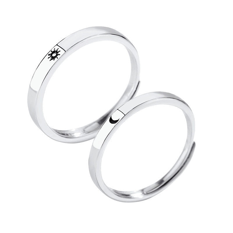 2 Pcs Silver Color Couple Fashion Wedding Bride Bridegroom Jewelry Sun Moon Rings Set - lecapmode