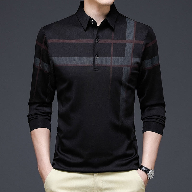 New Fashion Black Men Polo Shirt Long Sleeve Striped Autumn Business T-shirt Streetwear - lecapmode