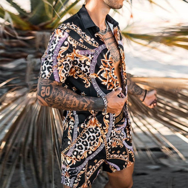 Men Set Short Sleeve Shirt Shorts Summer Printing Casual Fashion Clothing - lecapmode