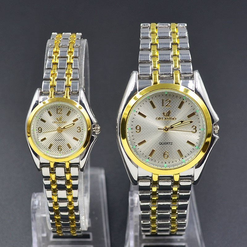 Round Metal Alloy Band Quartz Couple Wrist Watch - lecapmode