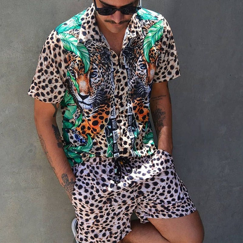 Men Set Short Sleeve Shirt Shorts Summer Printing Casual Fashion Clothing - lecapmode