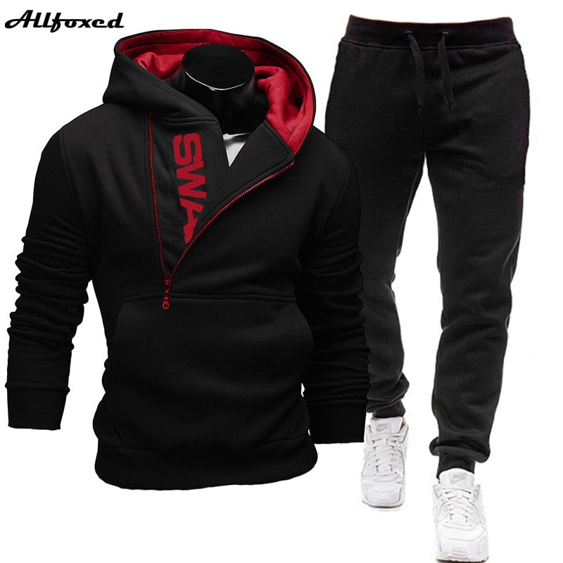 Men Tracksuits 2 Pieces Set Sweatshirt + Sweatpants Sportswear Zipper Hoodies - lecapmode