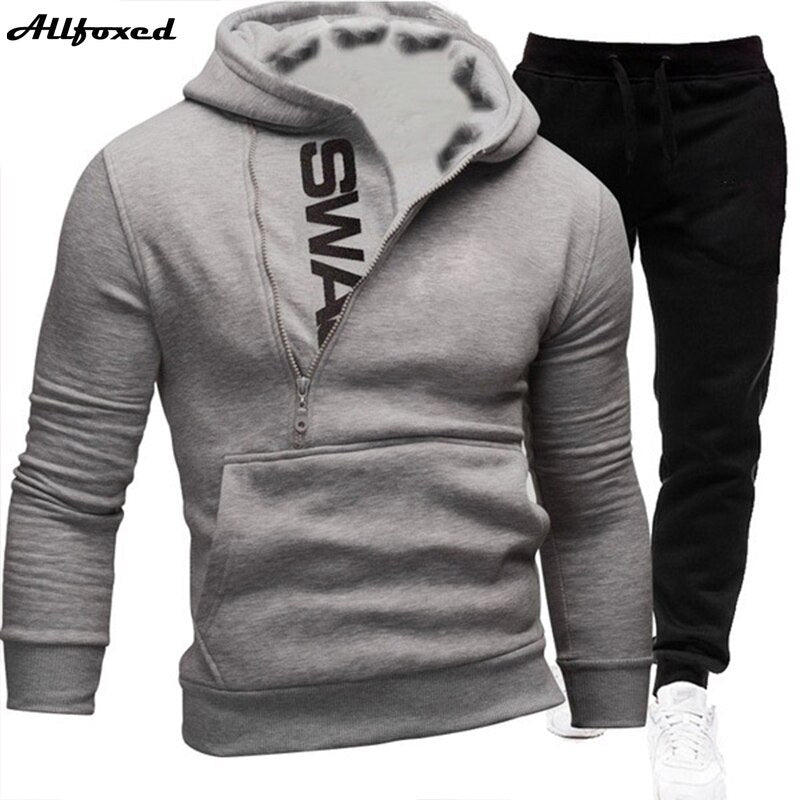 Men Tracksuits 2 Pieces Set Sweatshirt + Sweatpants Sportswear Zipper Hoodies - lecapmode