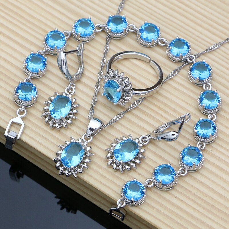 Silver 925 Jewelry Sets for Women Natural Blue Sapphire Stone Fashion Jewelry - lecapmode