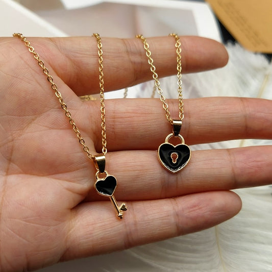 2 pcs Couple Necklace Fashion Key Lock Pendant Fashion Heart Jewelry - lecapmode