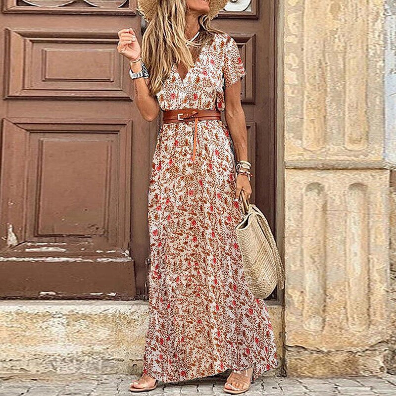 Elegant Women's Summer Maxi V Neck Short Sleeve Casual Long Dress - lecapmode