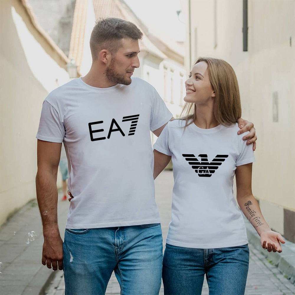 Summer Couple T-Shirt Fashion EA7 Print Lovers Top Man Woman Clothes Cotton Tees - lecapmode