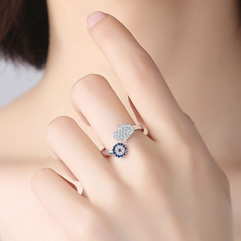 925 Sterling Silver Evil Eye Adjustable Female Rings Jewelry - lecapmode