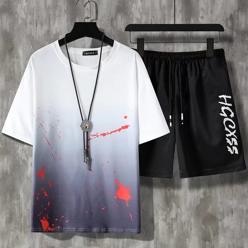 2022 Summer Men Sets Korean Fashion Tracksuit Streetwear Casual Print Outfit - lecapmode