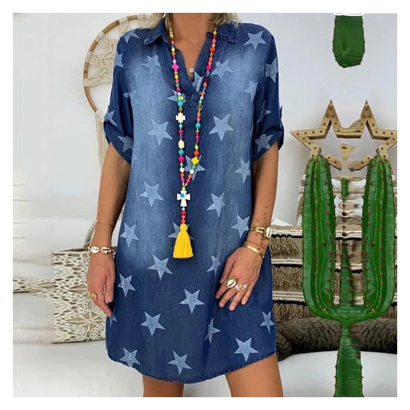 Blue Jeans Loose V Neck Printed Long Hot Summer Casual Shirt For Women - lecapmode