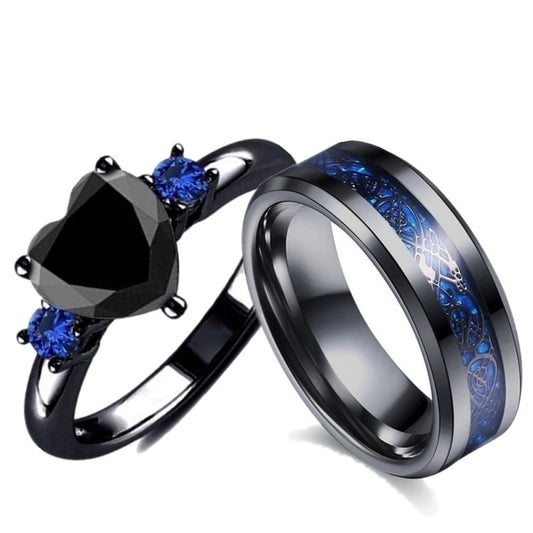 Couple Fashion Jewelry Anniversary Wedding Black Heart Cubic Zirconia Ring Set Lover Gift - lecapmode