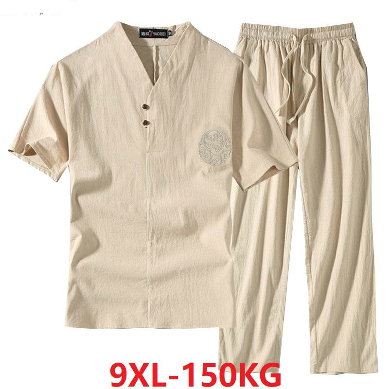 Men Clothing Large Size Tracksuit Summer Suit Linen t-shirt Fashion Male Set - lecapmode