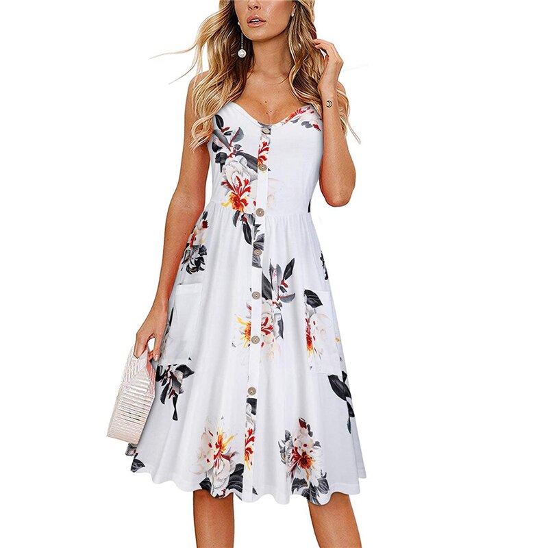 Women Summer Sexy V Neck Floral Print Boho Beach Sleeveless A Line Mini Dress - lecapmode