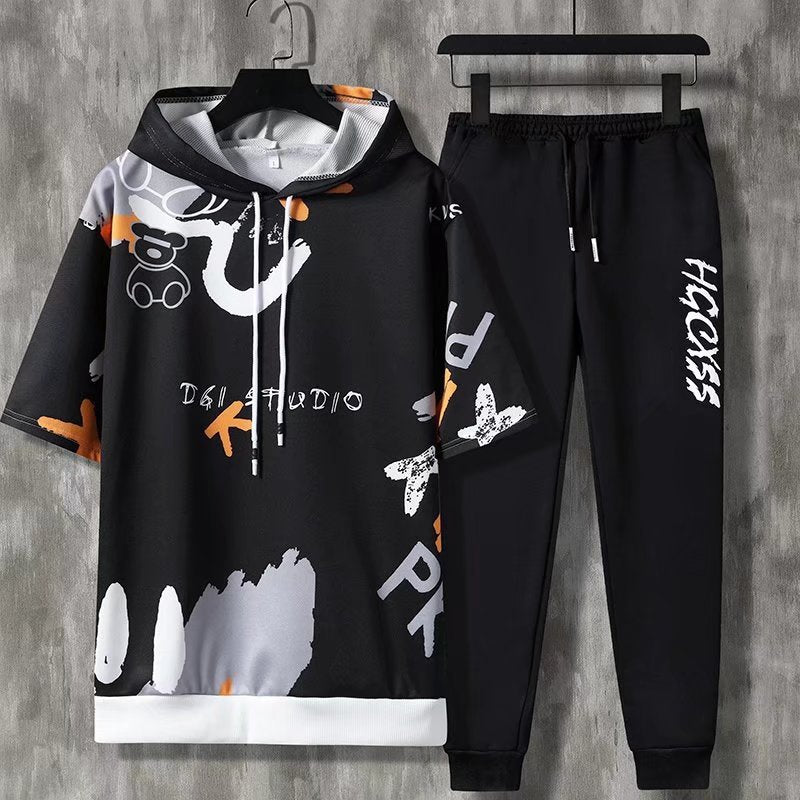 Summer Men Sets Korean Fashion Hooded outfit Set Short Sleeve  T Shirt Casual Trouser Men Clothes - lecapmode