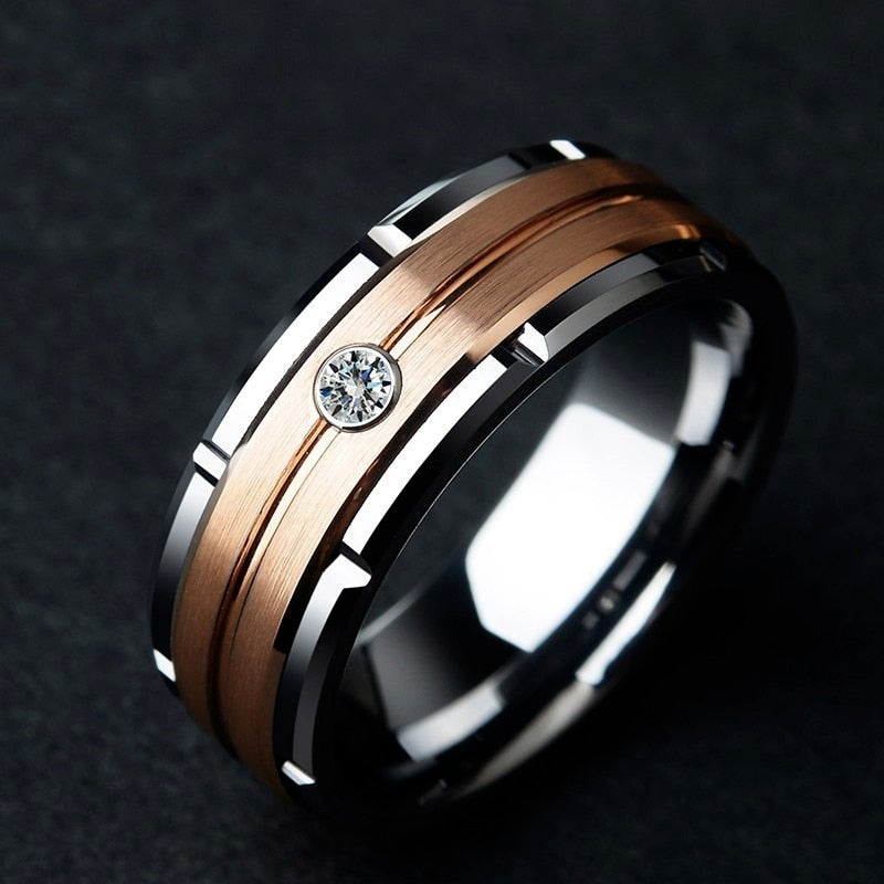 1pcs Luxury Metal Hollow Carving Pattern Rose Gold Zircon Couple Ring - lecapmode