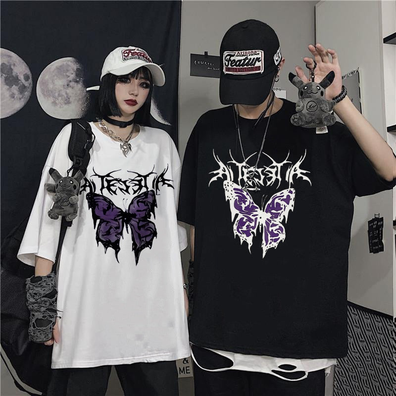 Retro Butterfly Printed Couple Oversized Tee Harujuku Clothing - lecapmode