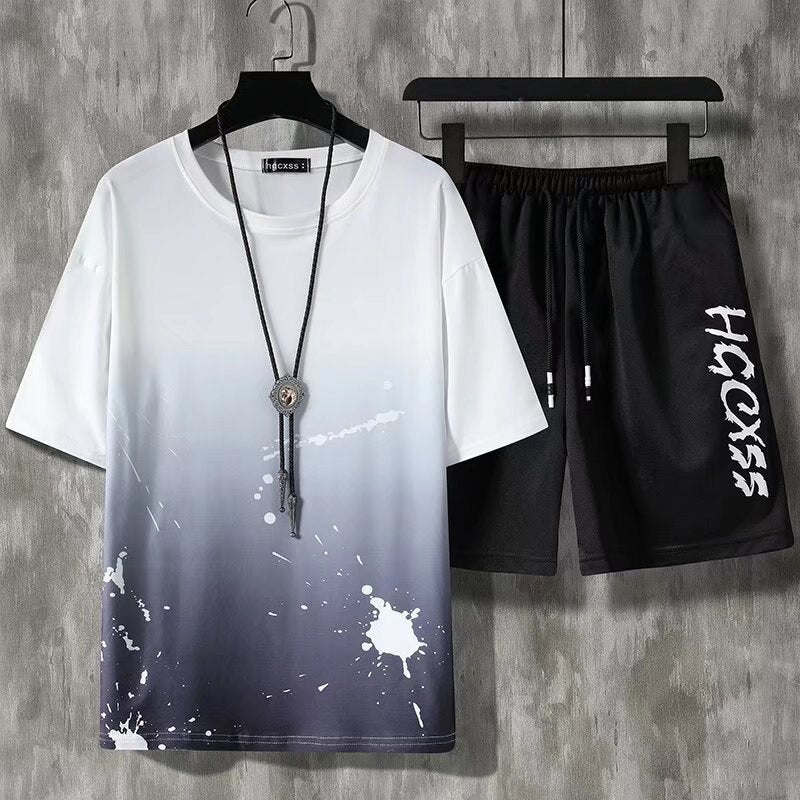 2022 Summer Men Sets Korean Fashion Tracksuit Streetwear Casual Print Outfit - lecapmode