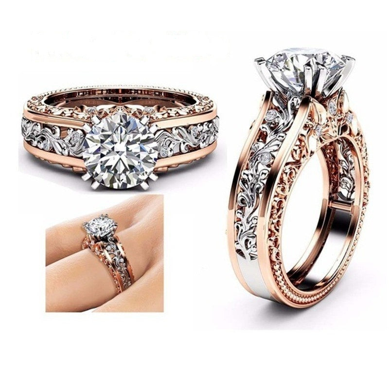 1pcs Luxury Metal Hollow Carving Pattern Rose Gold Zircon Couple Ring - lecapmode