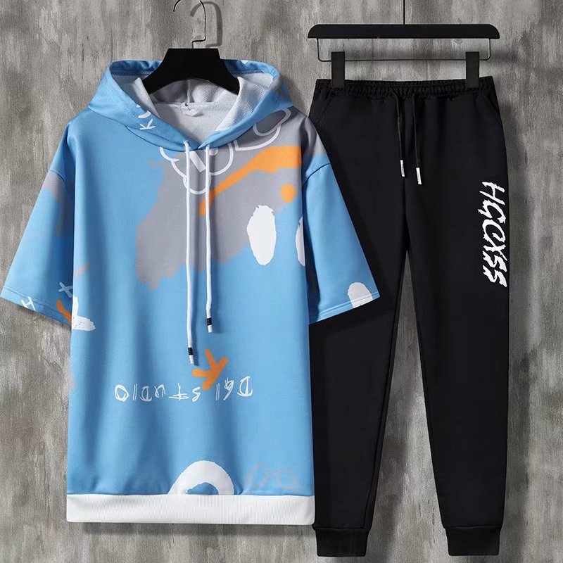 Summer Men Sets Korean Fashion Hooded outfit Set Short Sleeve  T Shirt Casual Trouser Men Clothes - lecapmode