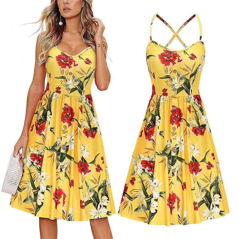 Women Summer Sexy V Neck Floral Print Boho Beach Sleeveless A Line Mini Dress - lecapmode