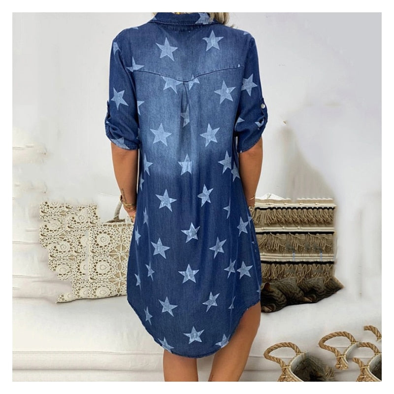 Blue Jeans Loose V Neck Printed Long Hot Summer Casual Shirt For Women - lecapmode