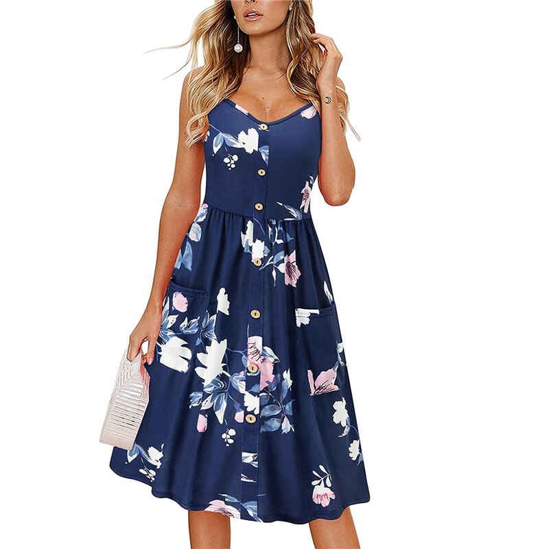 Women Summer Sexy V Neck Floral Print Boho Beach Sleeveless A Line Mini Dress - lecapmode