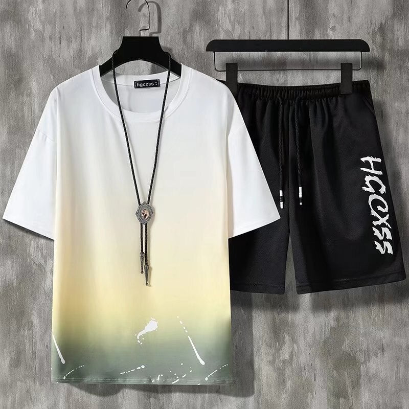 2022 Summer Men Sets Korean Fashion Tracksuit Streetwear Casual Print Outfit - lecapmode