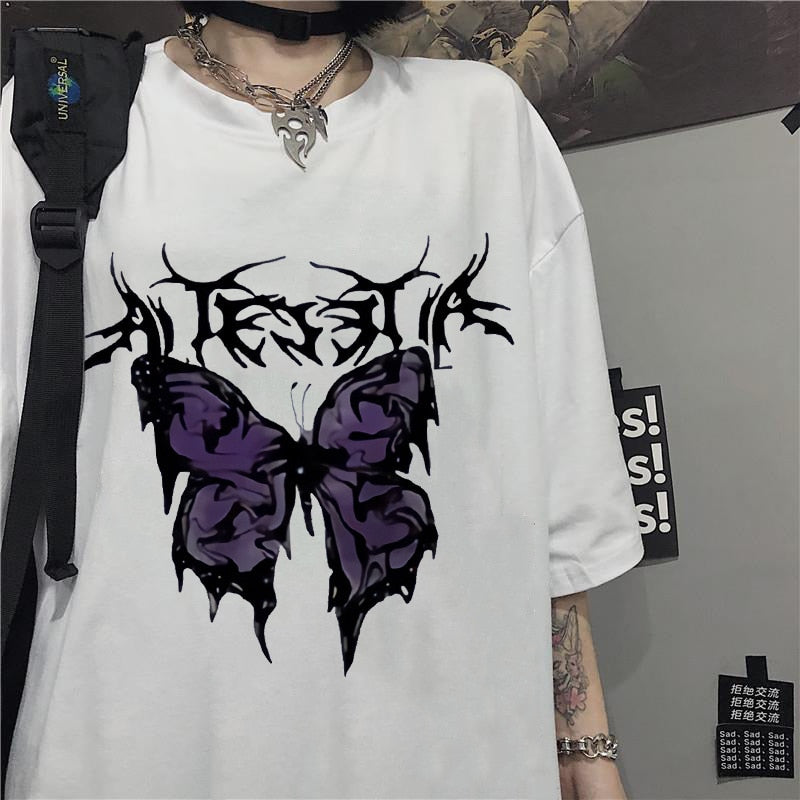 Retro Butterfly Printed Couple Oversized Tee Harujuku Clothing - lecapmode