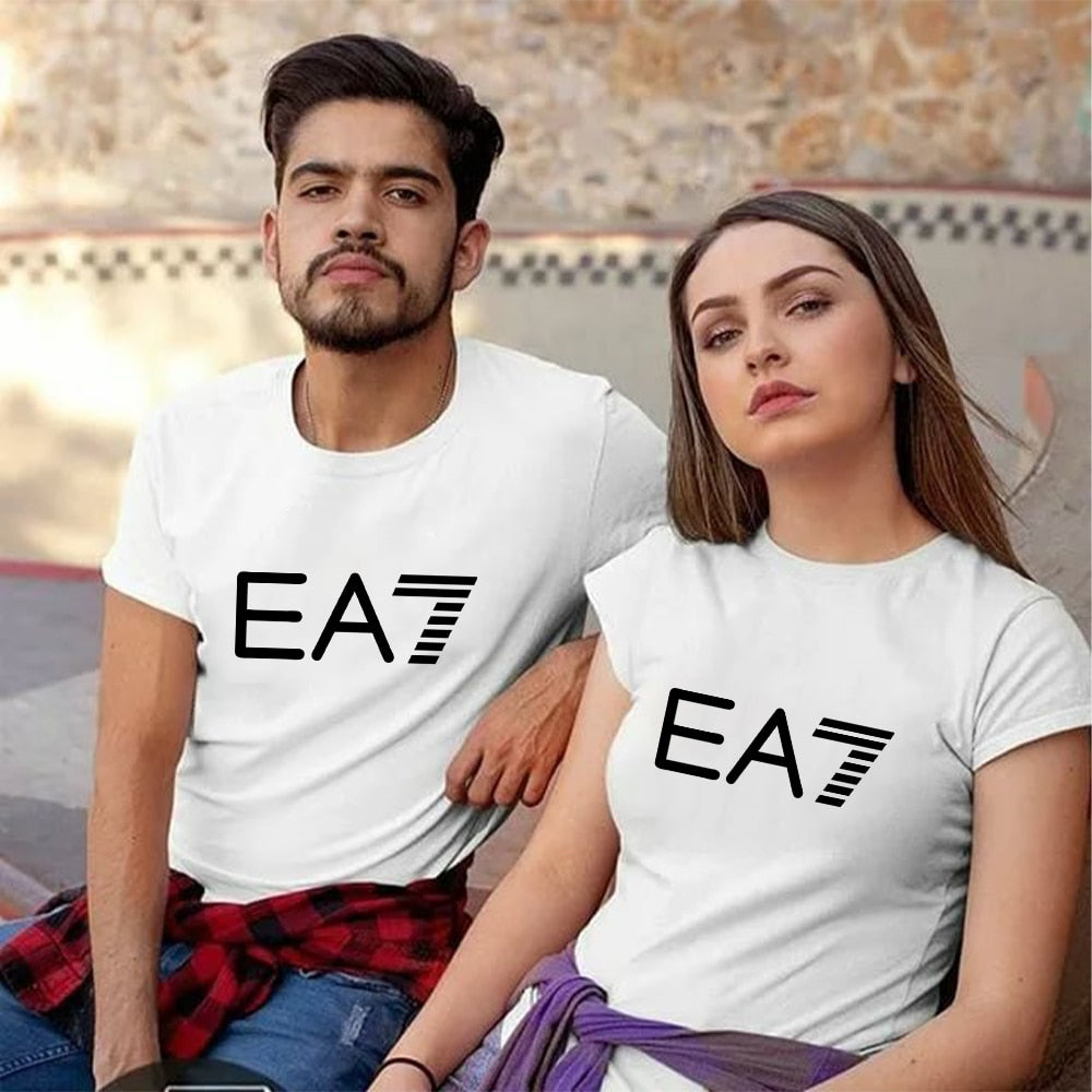 Summer Couple T-Shirt Fashion EA7 Print Lovers Top Man Woman Clothes Cotton Tees - lecapmode