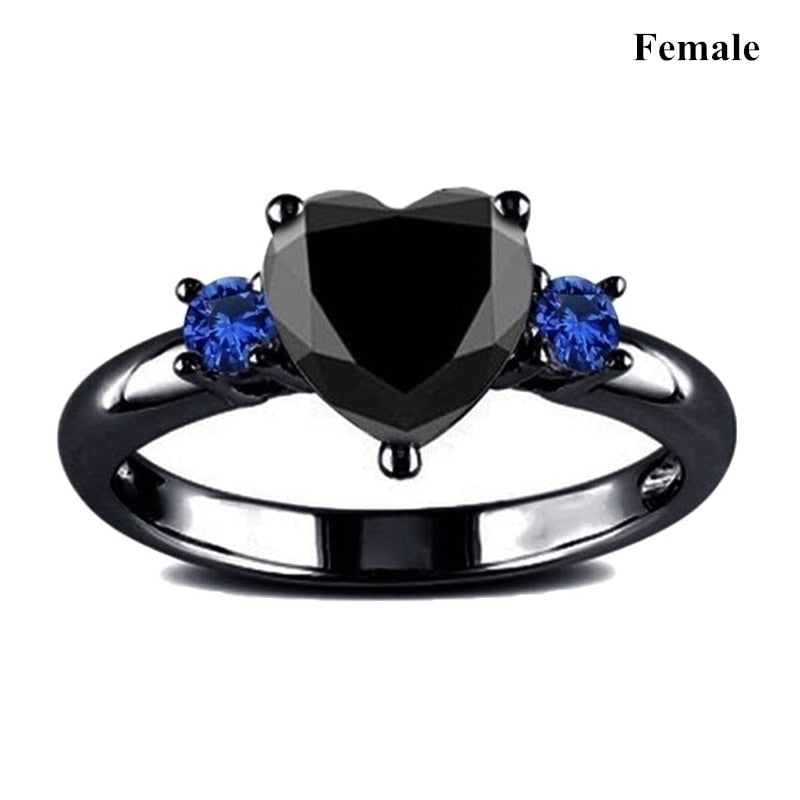 Couple Fashion Jewelry Anniversary Wedding Black Heart Cubic Zirconia Ring Set Lover Gift - lecapmode