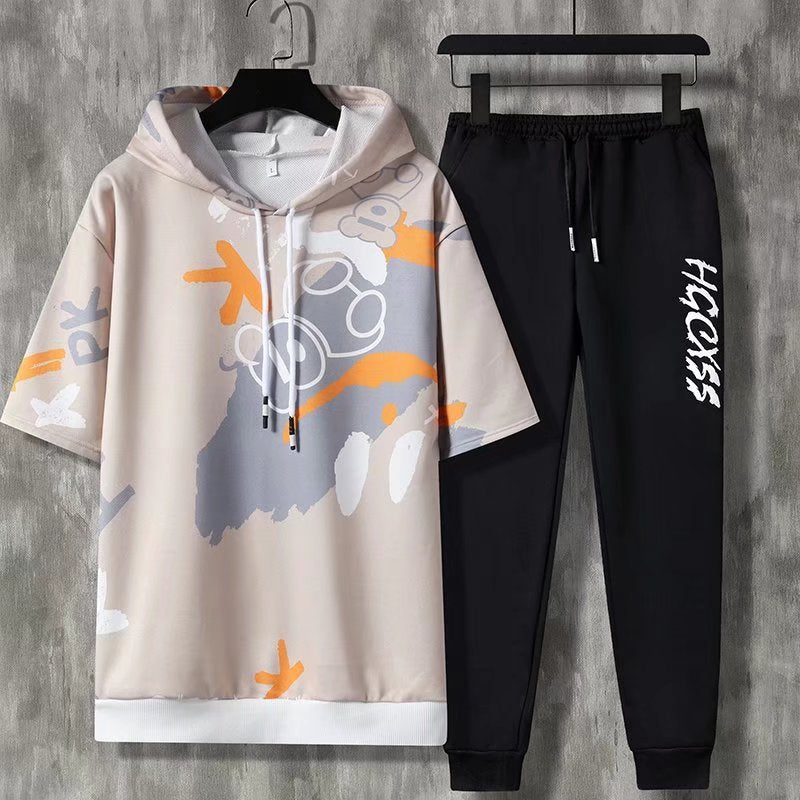 Summer Men Sets Korean Fashion Hooded outfit Set Short Sleeve  T Shirt Casual Trouser Men Clothes - lecapmode