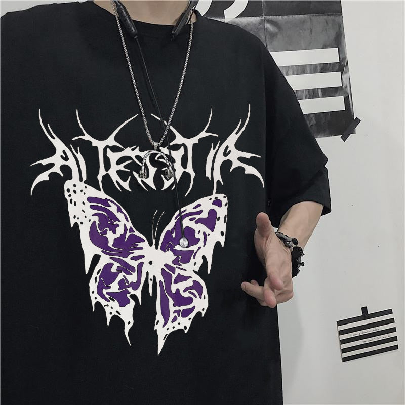 Retro Butterfly Printed Couple Oversized Tee Harujuku Clothing - lecapmode