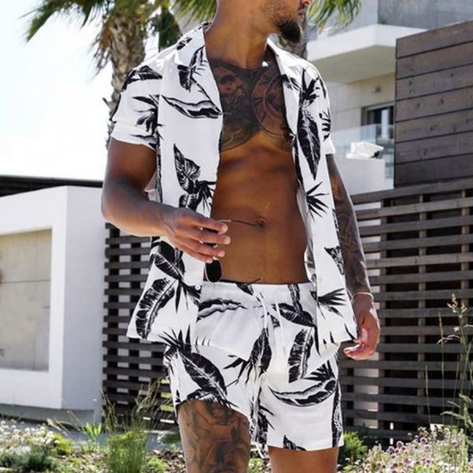 Summer Hawaii Tropical Print Sets Men Shorts Shirt Clothing Set - lecapmode