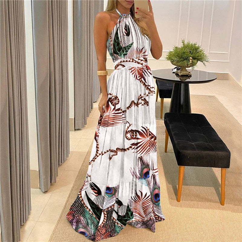 Women Boho Halter Neck Dots Maxi Sleeveless Beach Evening party Robe Dress - lecapmode