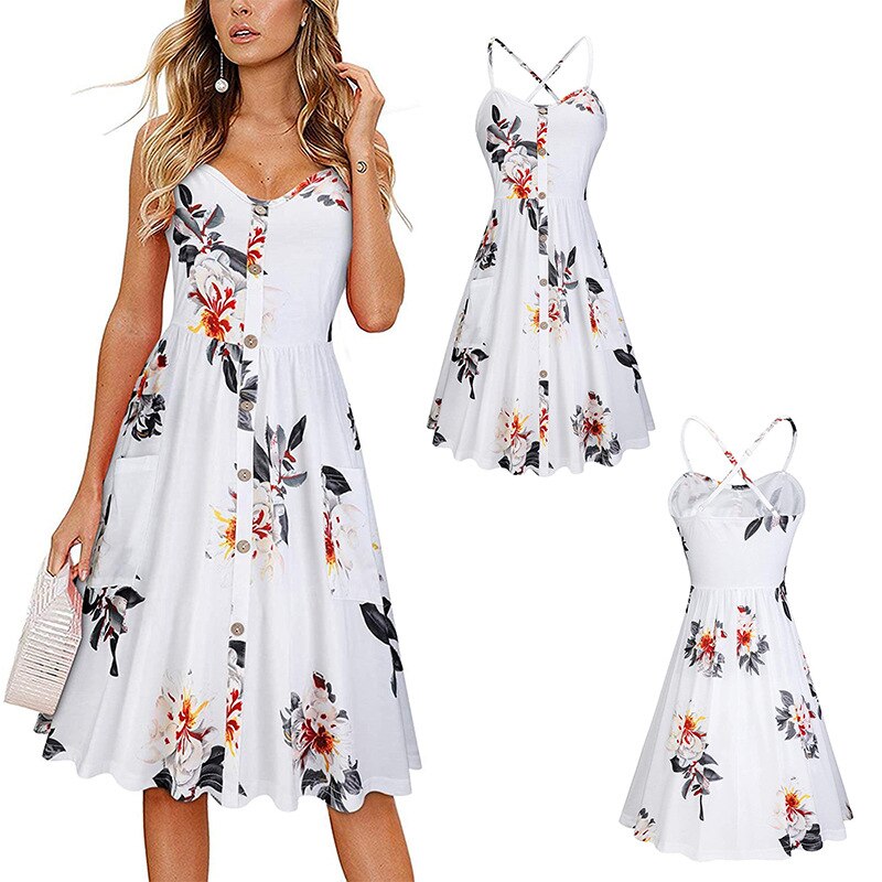 Women Summer Sexy V Neck Floral Print Boho Beach Sleeveless A Line Mini Dress - lecapmode